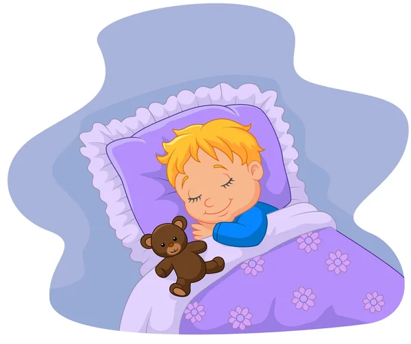 Bambino dei cartoni animati dormire con orsacchiotto — Vettoriale Stock