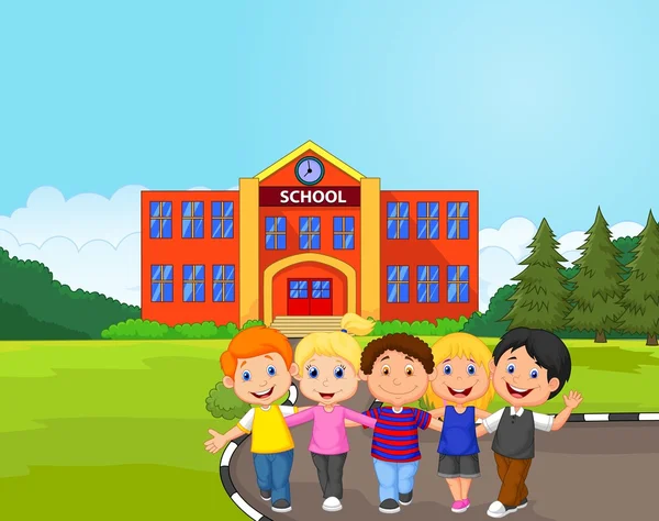 Happy school children cartoon in front of school - Stok Vektor