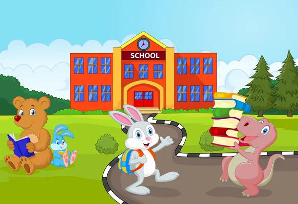Счастливый мультфильм о животных, идущих в школу — стоковый вектор