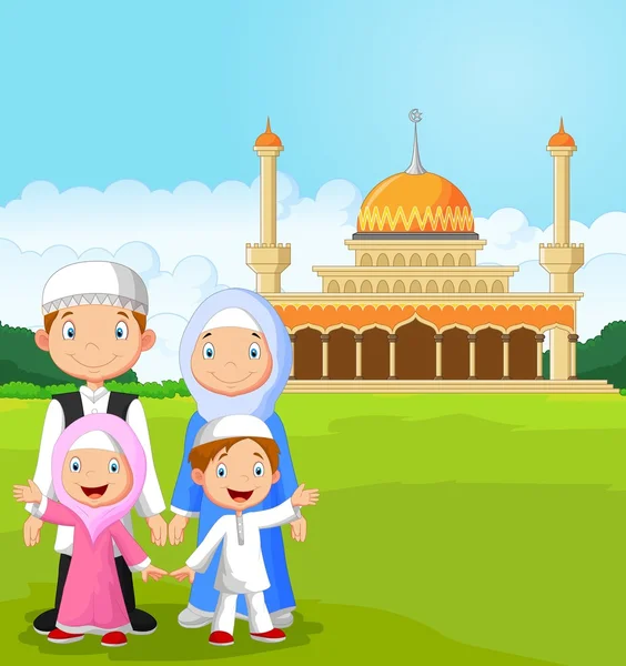 Cartoon happy muslimsk familj — Stock vektor