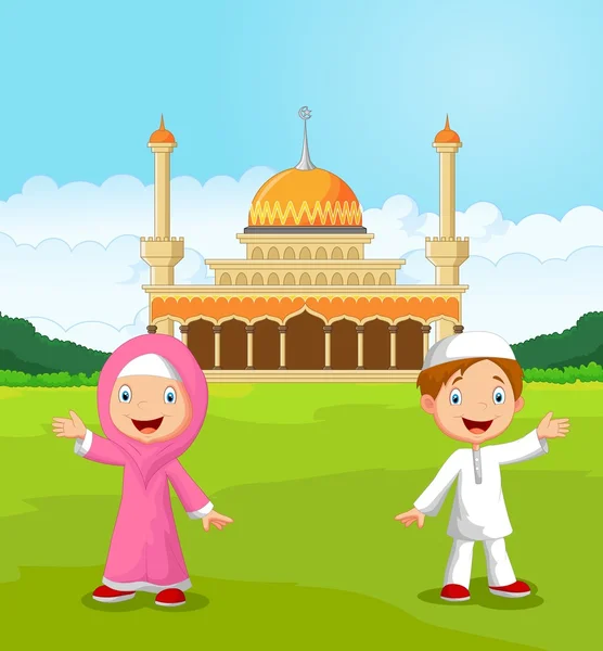 快乐卡通穆斯林孩子在清真寺前挥舞着的手 — 图库矢量图片