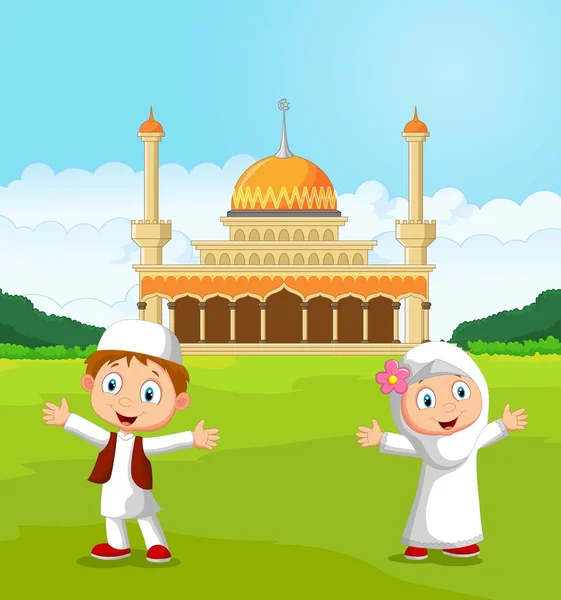 Happy cartoon Muslim kids waving hand in front of mosque — Stock Vector