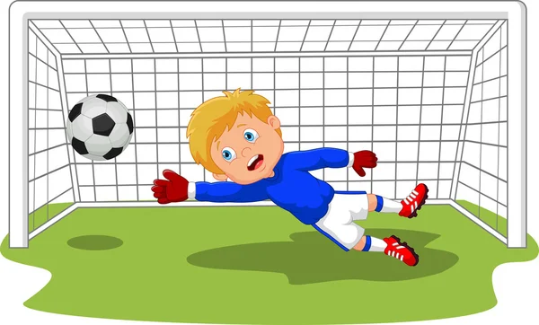 Caricatura fútbol portero guardando un gol — Vector de stock