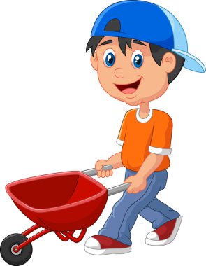 Cute boy cartoon pushing a wheelbarrow