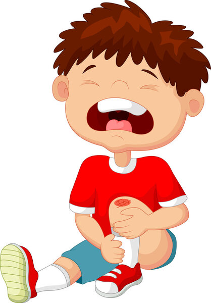 Cartoon boy crying with a scratch on his knee
