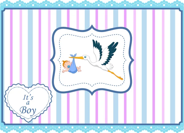 Cigogne de bande dessinée avec carte de bébé garçon — Image vectorielle