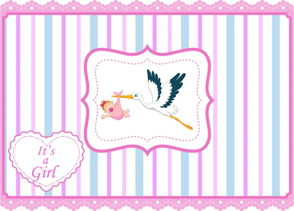 Cicogna dei cartoni animati con baby girl card — Vettoriale Stock