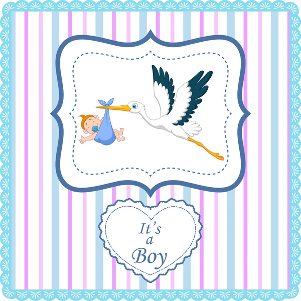 Cigogne de bande dessinée avec carte de bébé garçon — Image vectorielle
