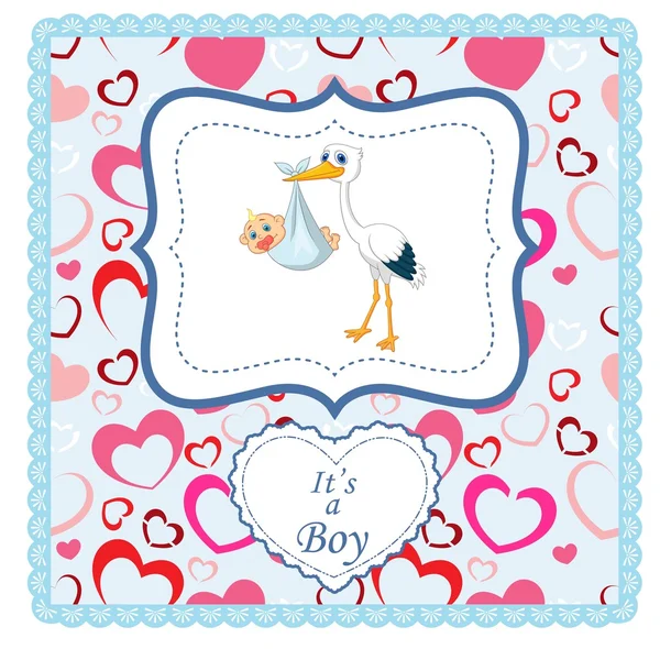 Cigüeña de dibujos animados con tarjeta de bebé — Vector de stock