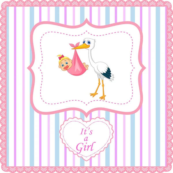 Cicogna dei cartoni animati con baby girl card — Vettoriale Stock