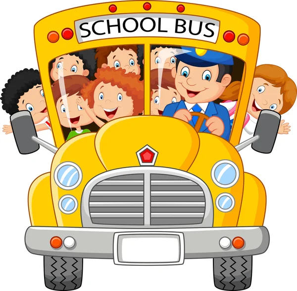 School Kids cartoon Riding een Bus van de School — Stockvector