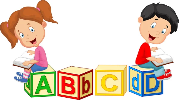 Livre de dessin animé pour enfants et assis sur des blocs d'alphabet — Image vectorielle