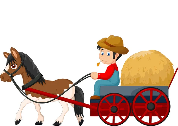 Agricultor de desenhos animados com carrinho de feno — Vetor de Stock