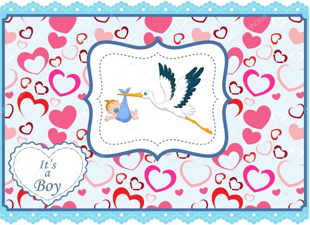 Cartoon stork with baby boy card