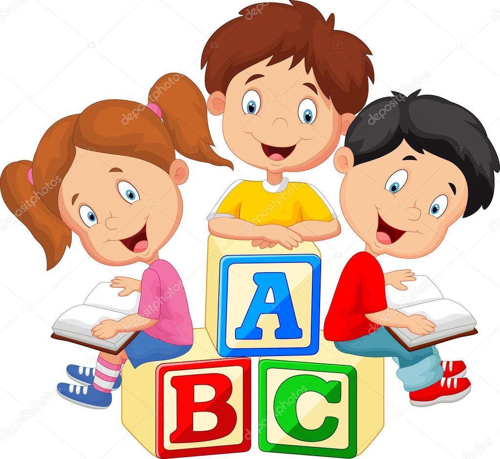 Children cartoon reading book and sitting on alphabet blocks