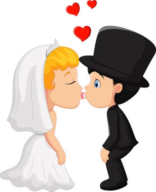 Çizgi film A damat ve nişanlısı birbirlerine öpücük