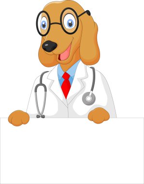 Boş işaret tutan karikatür doktor köpek