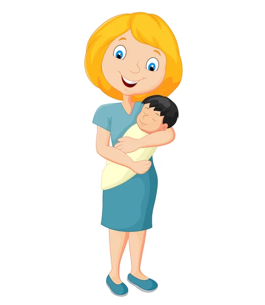 Dibujos animados madre joven abrazando tiernamente a su bebé — Vector de stock