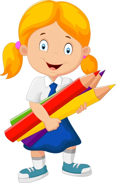 Cartoon skolflicka håller pennor — Stock vektor