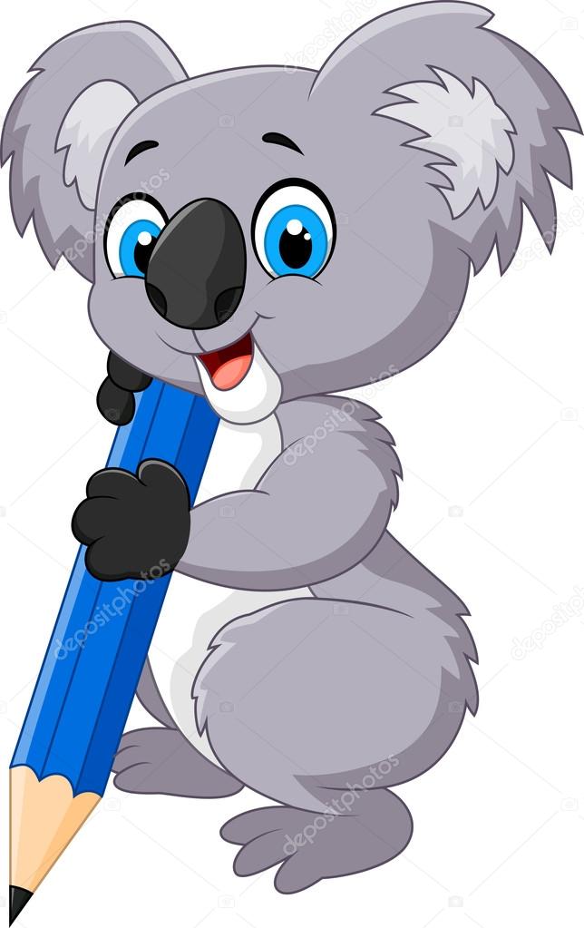 Cartoon koala holding pencil