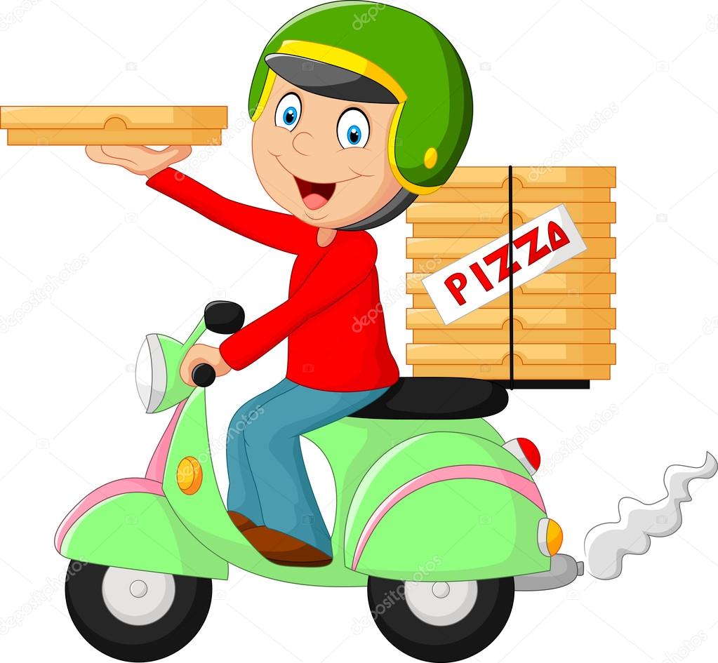 Cartoon pizza delivery boy riding motor bike
