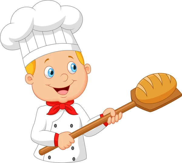 Panadero de dibujos animados que sostiene la herramienta de la cáscara de la panadería con pan — Vector de stock