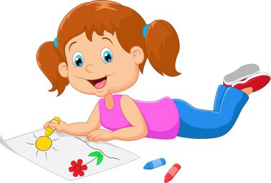 Cartoon small beautiful girl paints on paper clipart