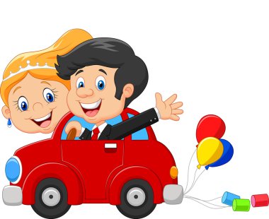 komik gelin ve damat balayı için sürüş araba ile düğün davetiyesi