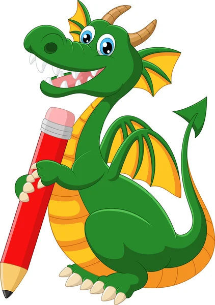 Cartoon green dragon holding red pencil — Stock Vector