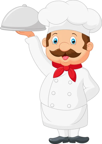 Cartoon Chef Serving Food In A Sliver Platter — Stock Vector