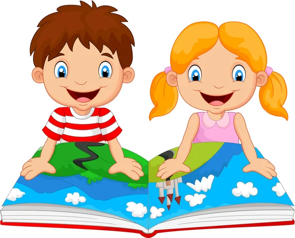 Dessin animé garçon et fille lisaient l'histoire — Image vectorielle