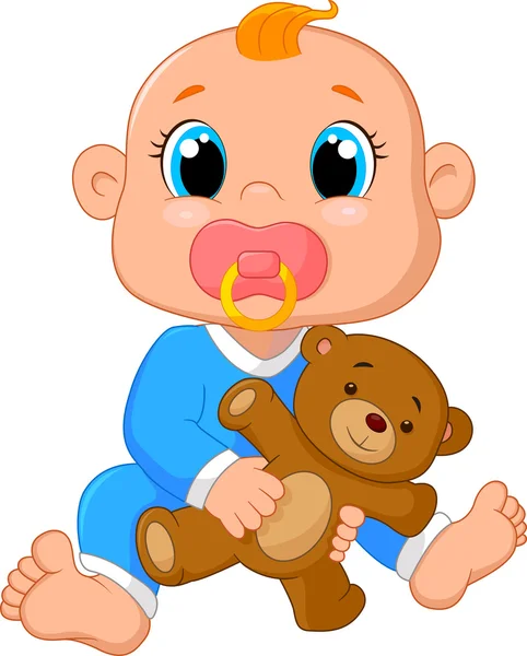 Desenhos animados bebê segurando um ursinho de pelúcia — Vetor de Stock