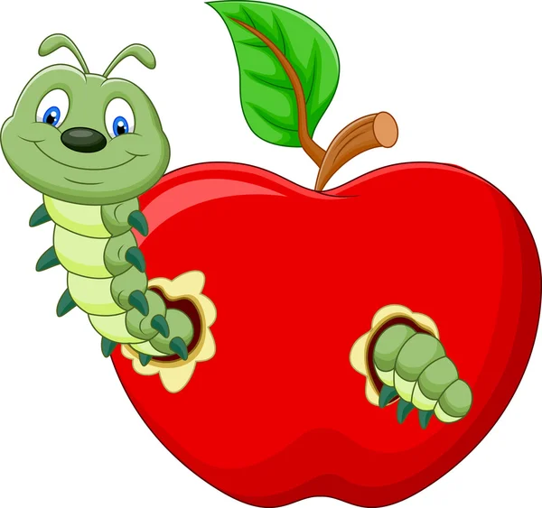 Caterpillars cartoon eat the apple — Stock Vector