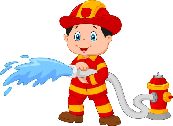 Мультфильм Пожарный льется из пожарного шланга — стоковый вектор