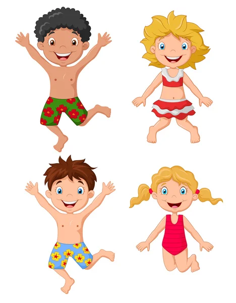 Happy kids cartoon wearing swimsuit jumping — Stock Vector