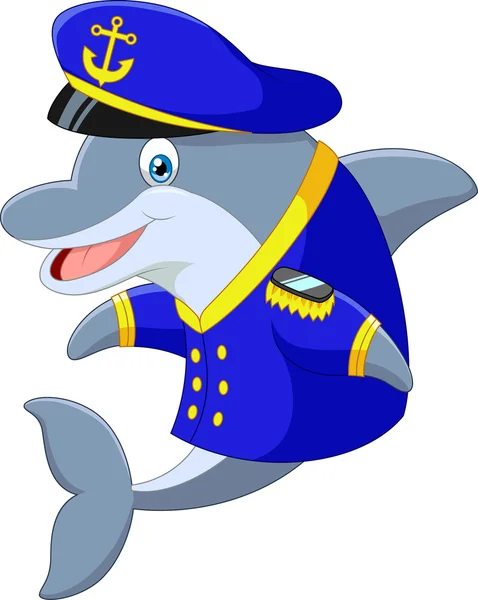 Stående lite cartoon Dolphin med enhetliga kapten — Stock vektor