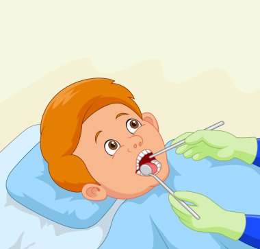 Cartoon little boy having his teeth checked by dentist clipart