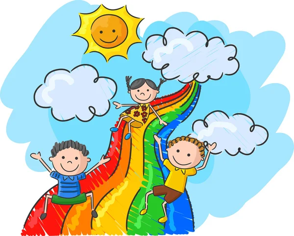 Cartoon kleine Kinder spielen Folie Regenbogen — Stockvektor