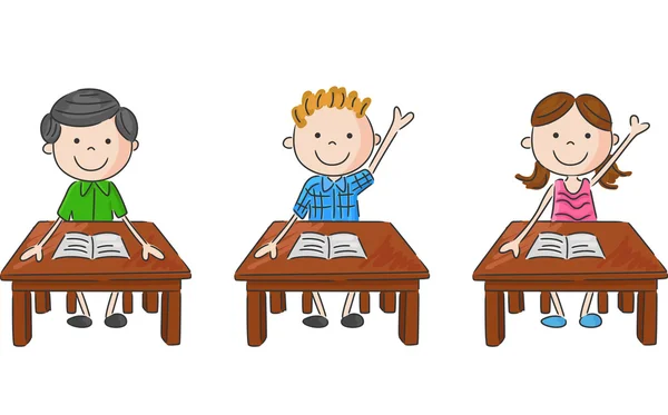 Niños de la escuela de dibujos animados sentados en la mesa — Vector de stock