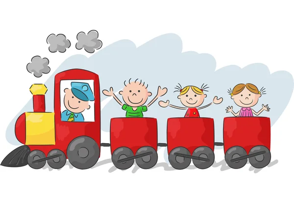 Szczęśliwy kreskówka mało dzieci na kolorowy pociąg — Wektor stockowy