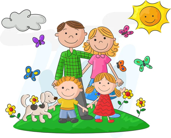 Kartun keluarga bahagia melawan pemandangan yang indah - Stok Vektor