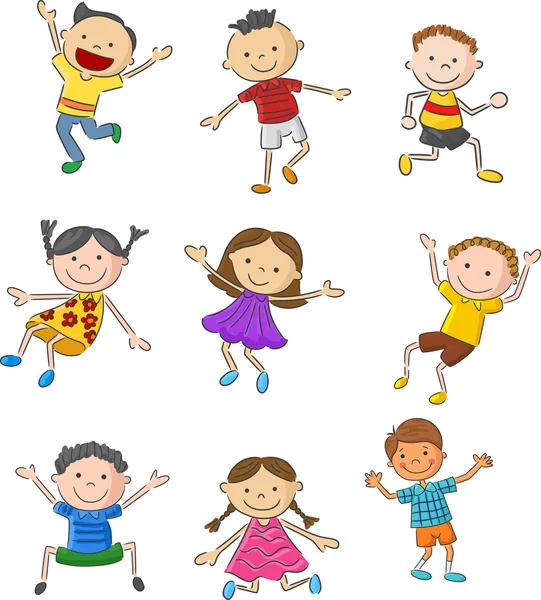 Cartoon many kids jumping together and happy — Stock Vector