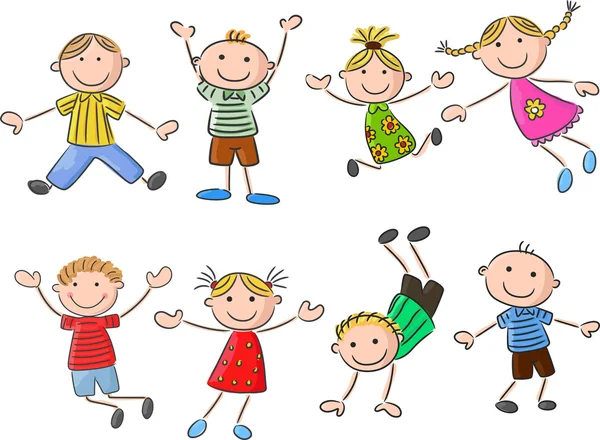 Many happy kid cartoon jumping and dancing together — Stock Vector