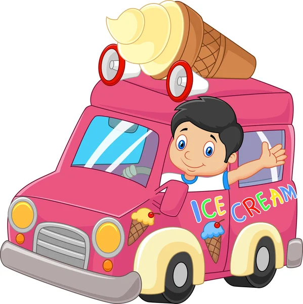 Kreskówka chłopczyk jazdy samochodem i macha — Wektor stockowy