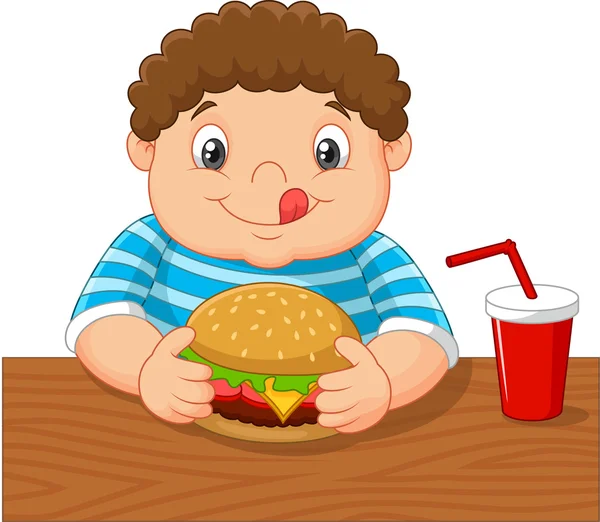 Cartoon jongetje houden hamburger — Stockvector