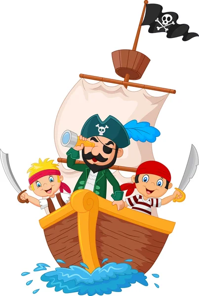 Dessin animé petit pirate surfait sur l'océan — Image vectorielle