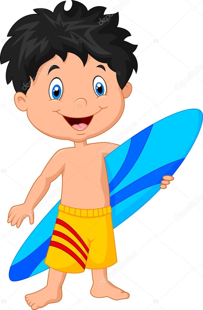 Cartoon petit enfant tenant planche de surf image vectorielle par