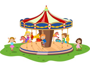 Cartoon little kid playing game carousel with colorful horses