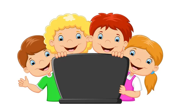 Kreslený šťastný rodina s notebookem — Stockový vektor