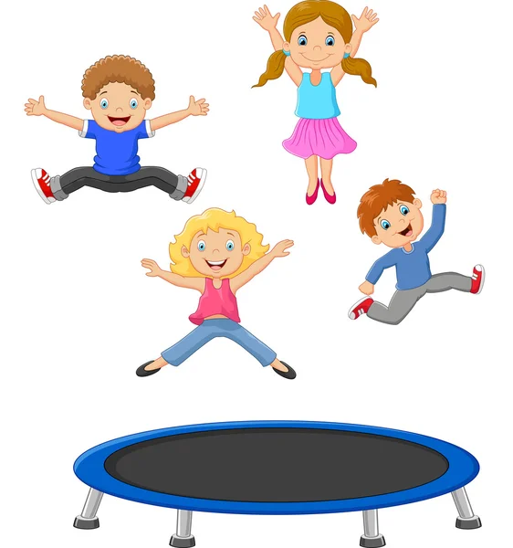 Cartoon little kid playing trampoline — Stock Vector